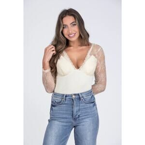 Heyson NEW‎ w/ Tags Cream Ribbed Knit and Lace Deep V-Neck Bodysuit Size Large